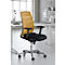 Office chair with yellow mesh back and black seat against a light background.
