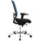 Office chair with blue mesh back, black armrests and a silver base. Side view.