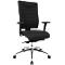 Black office chair with padded backrest, armrests and castors on a chrome frame.