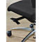 Close-up of a black office chair with adjustable controls on wheels on a wooden floor.