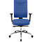 Blue office chair with armrests and casters.
