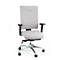 Grey office chair with armrests. It has a silver frame, casters, and a high backrest.