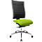 Office chair with black, perforated backrest and light green seat, on a silver frame with castors.