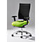 Office chair with a black backrest, armrests, and a green seat. Chrome frame with wheels.