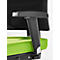 Close-up of a black office chair armrest. The armrest is dark grey, the seat green.