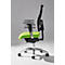 Office chair with bright green seat, black backrest, and silver wheels, side view.