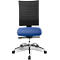 Office chair with blue seat and black backrest. Five-legged, chrome-colored frame with castors. The chair is pictured from behind.