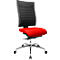 Office chair, black and red fabric, silver frame, castors.