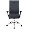 Black office chair with armrests and wheels. The backrest is high and padded, the base is chrome.