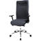 A gray office chair with a high back and armrests. It stands on a chrome-plated base with wheels.