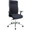 Dark blue office chair, adjustable armrests, on a silver base with casters.