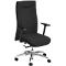 Black office chair with high backrest and armrests. Chrome base with castors.