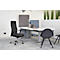 Office with black office chair, desk, laptop, and grey chairs. Office with green plants and fabric partition walls.