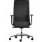 Black office chair, high back, armrests, on wheels, metal frame. Vertical lines on the backrest.