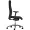 Black office chair, side view. High backrest, armrests, five wheels, silver frame.