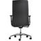 Rear view of a black office chair. The chair has a high back, armrests, and a silver base with wheels.