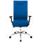 Blue office chair with armrests and silver legs on wheels. The backrest has horizontal seams.