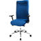 Blue office chair with high back, black armrests and silver base.