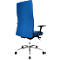 View of a blue office chair, high back, black armrests, and silver frame.