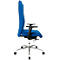 Blue office chair, side view. High backrest, armrests, silver base with wheels.