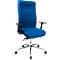 Blue office chair. Back and seat are blue, armrests black, frame silver. On castors.