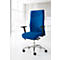 Blue office chair with high back. Black armrests, silver frame with wheels. Background: white office with window.
