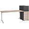 A modern desk with light wood top, gray legs, and black storage unit with drawers.