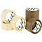 Several rolls of tape, transparent and brown, with print. In the foreground is a roll.