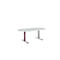 Oval white conference table with two silver legs. One leg has a burgundy column.
