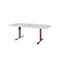 A white conference table with a rectangular tabletop. It has silver metal legs.