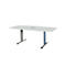 White rectangular conference table with silver legs and blue accents. Black recess in the middle.