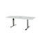 White conference table with silver legs, rectangular with rounded corners. There is a recess in the middle.