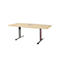 A rectangular, light-colored table with two silver legs, on a light background.
