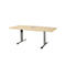 A rectangular, light brown conference table supported by two silver, T-shaped legs.
