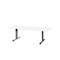 White desk, rectangular table top, two metal legs.
