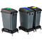 Trois poubelles grises avec des couvercles noirs et des ouvertures colorées. Elles sont sur roulettes et sont conçues pour le tri des déchets.