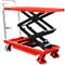 Roter hydraulischer Scherenhubtischwagen von Schäfer Shop mit schwarzem Scherengestell auf Rollen.