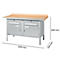 Werkbank met grijze kast elementen, houten blad en afmetingen: 1500 mm x 700 mm x 840 mm.