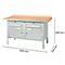 Metalen werkbank, lichtgrijs met houten blad, afmetingen: 1500 x 700 x 840 mm.