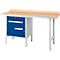 Schäfer Shop Select PWi 150-2 combinatiewerkbank, beuken multiplex blad, met stalen rand, tot 750 kg, B 1500 x D 700 x H 840 mm, gentiaanblauw