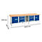 Werkbank met blauwe deuren en laden, houten blad. Afmetingen: 3000 mm breed, 840 mm hoog, 700 mm diep.