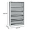 Grauer Metall-Aktenschrank mit fünf Regalen. Masse: 1935 mm hoch, 1200 mm breit, 400 mm tief.