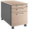 Light brown rolling file cabinet with three drawers, silver handles and gray wheels.