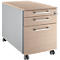 Mobile wooden cabinet with three drawers, metal handles and castors.