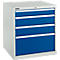 Blue and white tool cabinet with four drawers. A lock is visible in the top left corner.