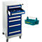 Blau-weißer Werkzeugwagen mit geöffneter Schublade, daneben eine grüne Werkzeugkiste mit silbernem Griff.