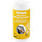 Screen cleaning wipes. Yellow can with product description and demonstration of use.