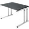 Desk with gray tabletop and silver legs. Black rubber on the feet.