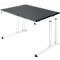 Height-adjustable desk. Dark gray table top, white legs.