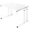 A white desk with height-adjustable legs stands against a white background. Black elements on the legs.